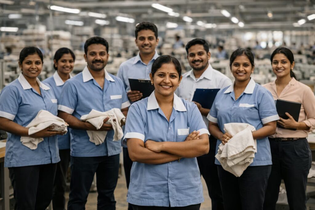 South Indian textile company employees standing confidently inside modern garment manufacturing unit